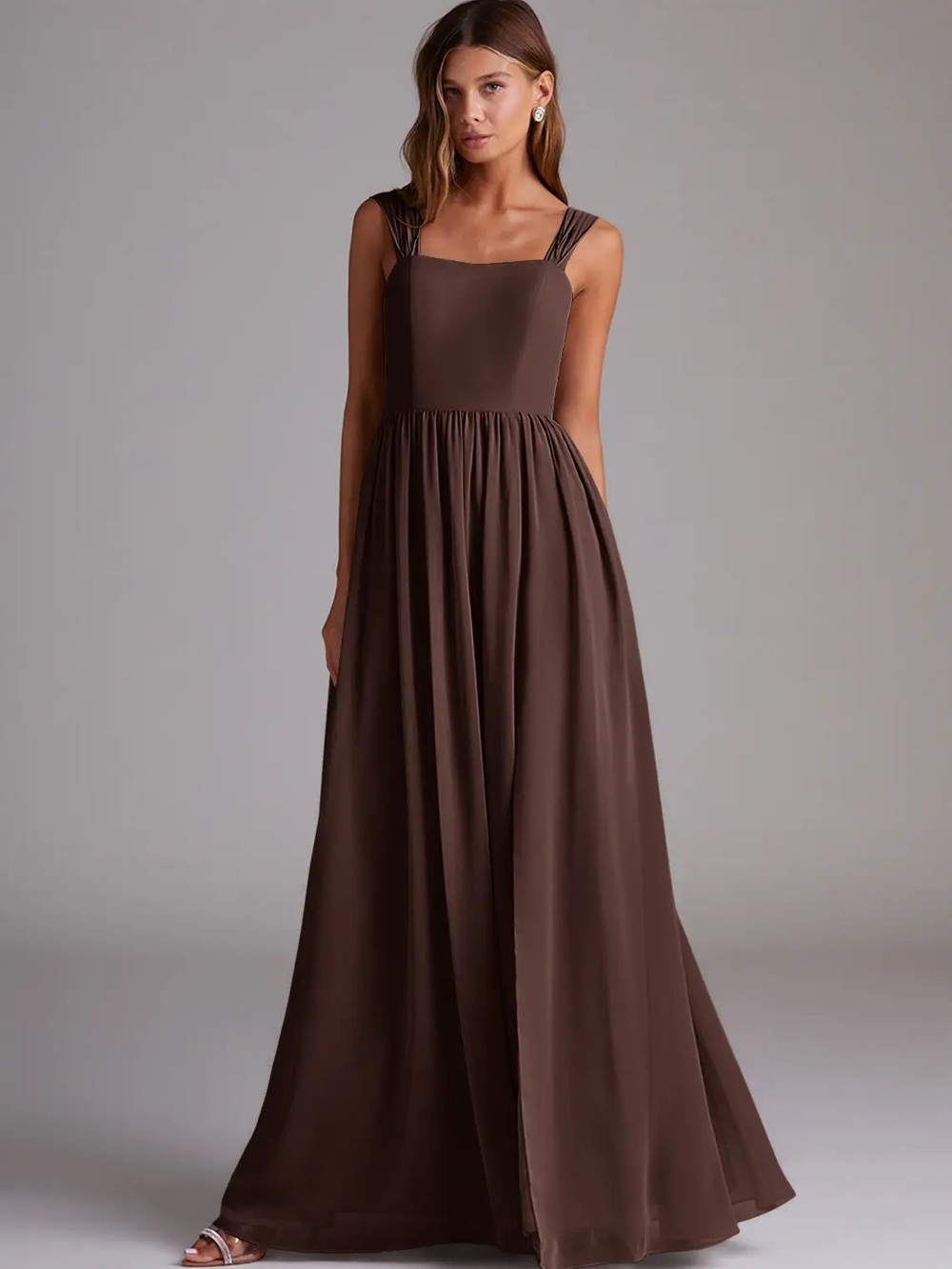 Azazie Ganache Brown A-Line Off the Shoulder Chiffon Convertible Dress